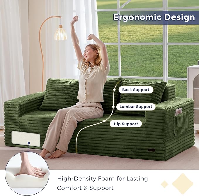 MAXYOYO Loveseat Sofa Bed, Striped Faux Fur Foldable Floor Sofa Couch in A Box