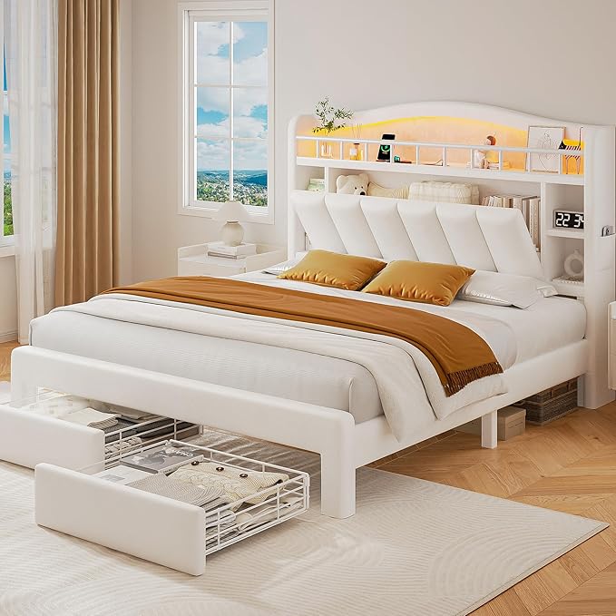 Queen Size Bed Frame with LED Storage Headboard & 2 Storage Drawers, Velvet