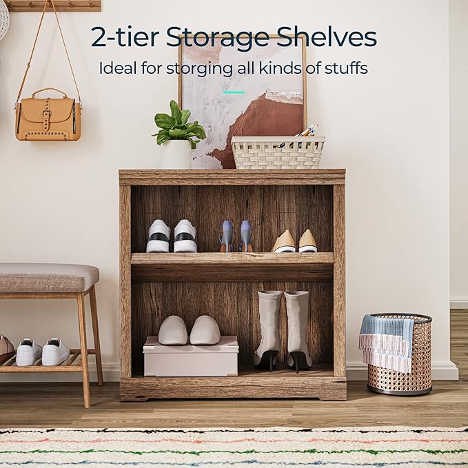 LINSY HOME 2-Tier Bookcase and Bookshelf, Small Wood Display Storage Shelves