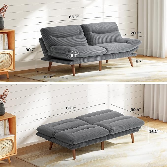 Marsail 66" Futon Sofa Bed, Convertible Corduroy Futon Couch