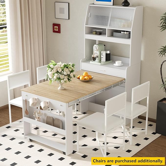 Spaco 2-in-1 Folding Dining Table and Buffet Cabinet Set, Compact Pull-Out