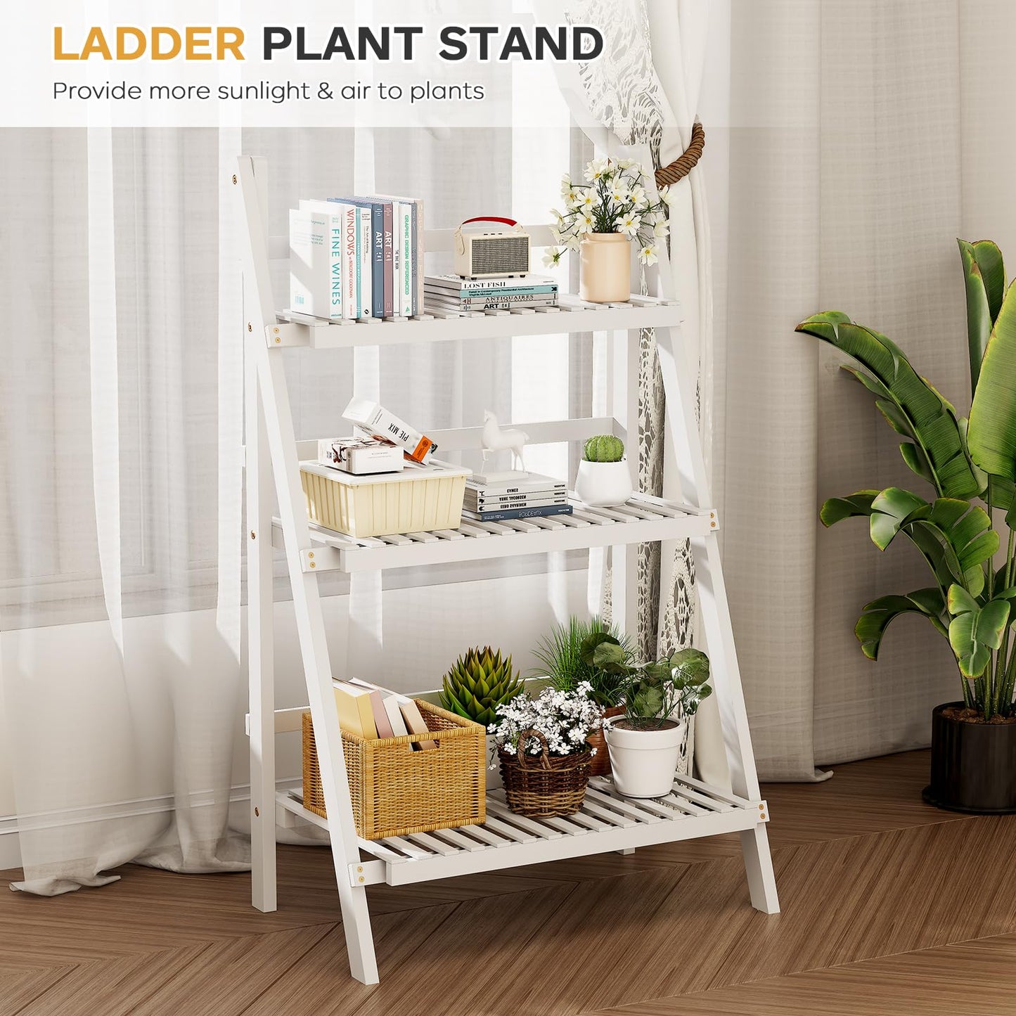 oakvivo Bamboo Bookshelf 3-Tier Ladder Shelf, 39.4” Freestanding Open Bookcase Book Shelf Bathroom Storage Shelf Unit Plant Stand for Small Space, Living Room, Bedroom, Home Office, White