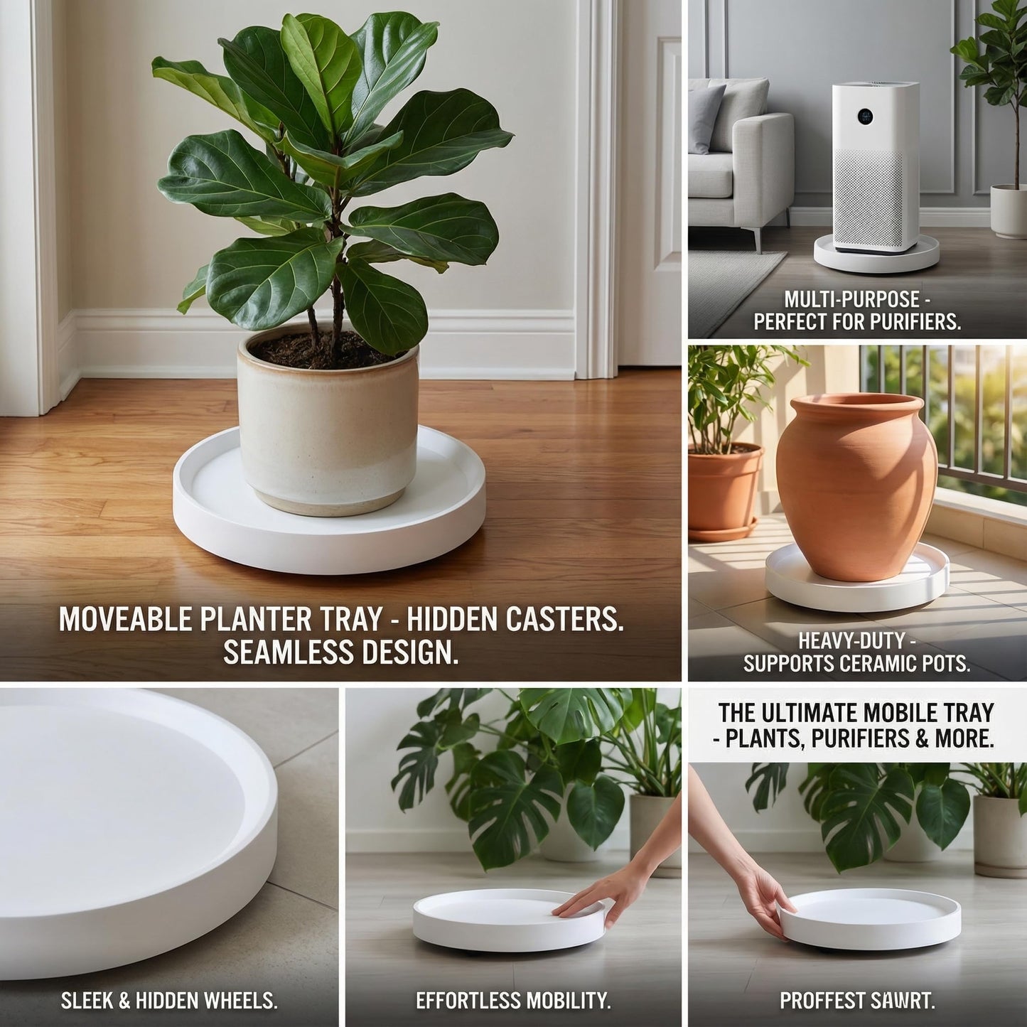 KangTeer 2-Pack 11.2 Inch Plant Caddy with Hidden Wheels, White Round Rolling Planter Saucer, Easy-Move for Flower Pot,Ornaments, Smart Home Devices(11.2inch)