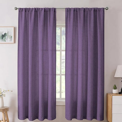 Tollpiz Linen Curtains Living Room Rod Pocket Semi Sheer Curtain Burlap Light Filtering Thick Linen Drapes for Bedroom, 38 x 63 inches Long, Royal Purple, Set of 2 Panels
