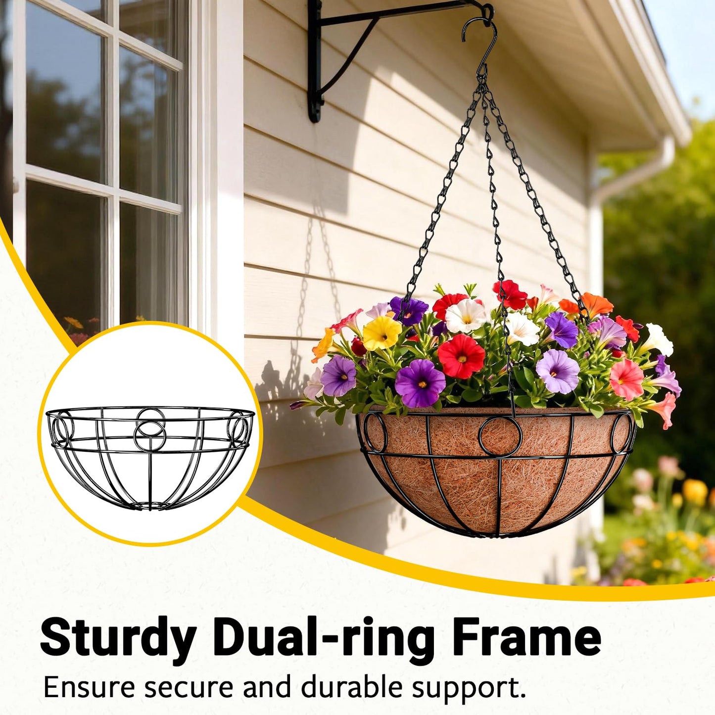 ZeeDix 2 Pack Round Hanging Baskets for Plants Outdoor, 12 Inch Metal Wire Planter Basket with Coco Liner, Hanging Flower Pots for Garden Yard Patio Porch Balcony Decor
