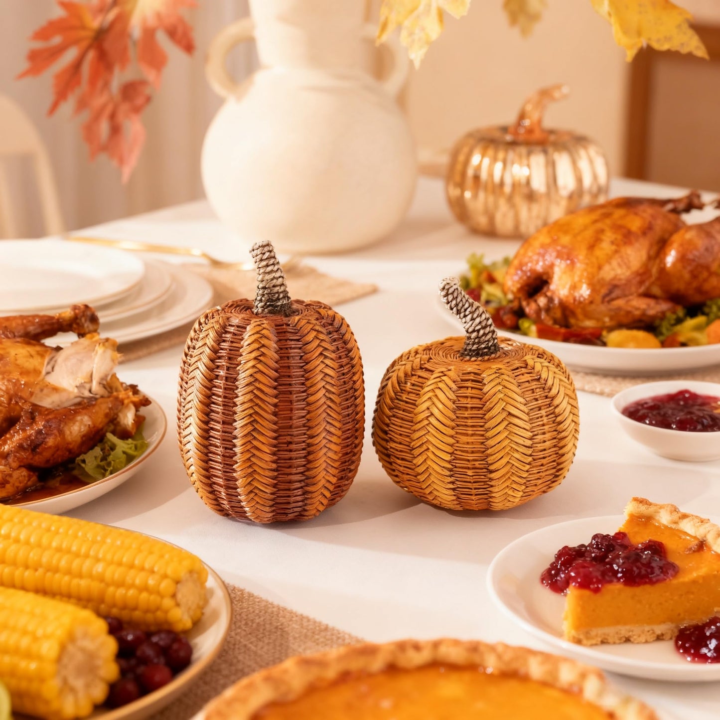 Valery Madelyn Thanksgiving Fall Decoration for Home Pumpkin Decor, 2pcs Resin Statue Artificial Rattan Pumpkins Figurine, Autumn Harvest Halloween Table Centerpieces, 6.2 inch