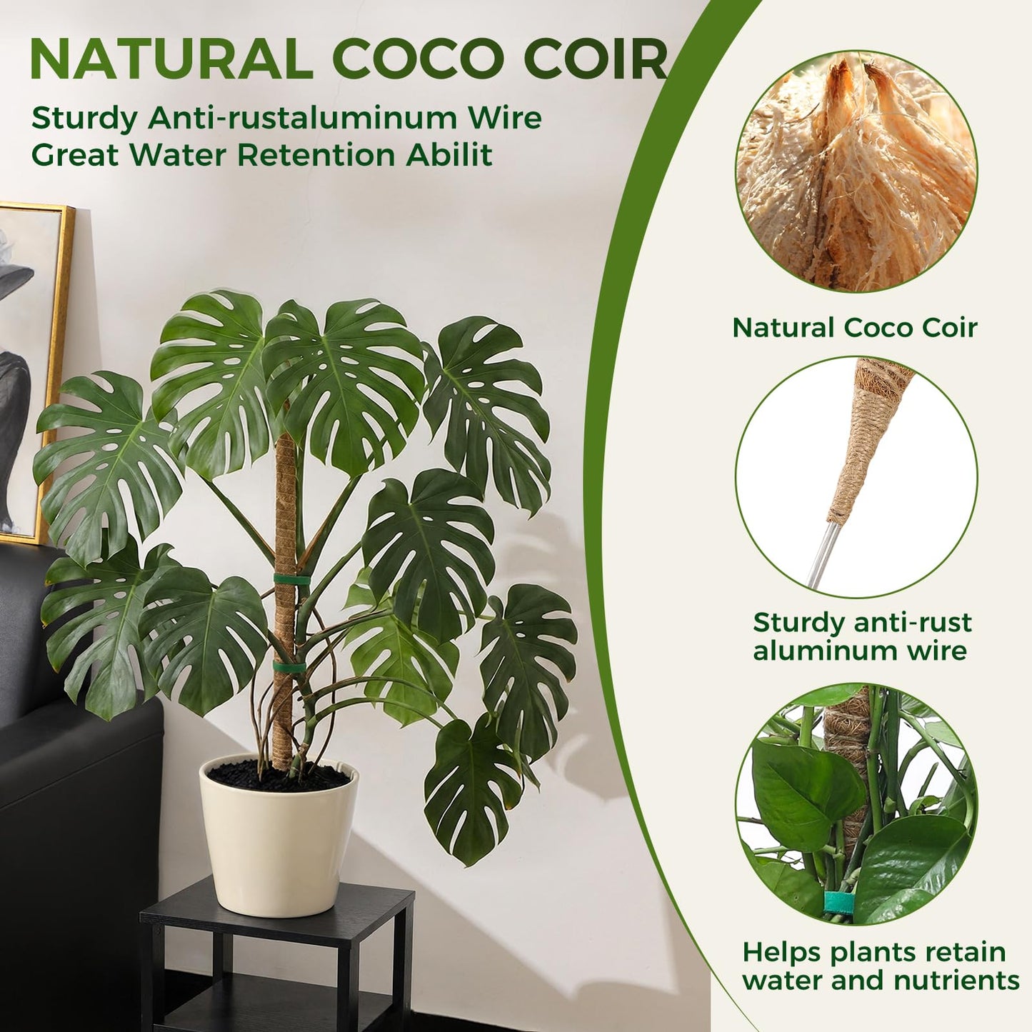 4 Pack Moss Pole Monstera Plant Support, 2 Pack 28" & 2 Pack 48" Bendable Plant Stakes Made of Real Coco Coir Support for Climbing Indoor Plants, Tall Moss Stick Trellis for Potted Climbers