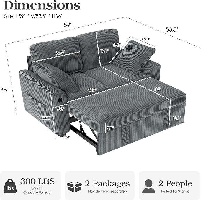 Ihanherry 59-inch Corduroy Convertible Sofa Bed