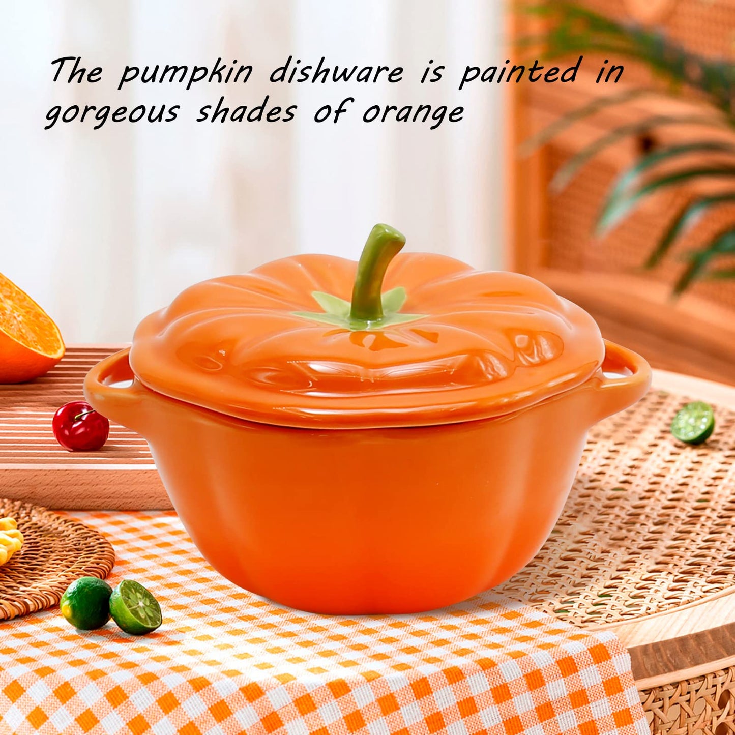MDEOOSKY 400ml/13oz Pumpkin Shaped Ceramic Bowl with Lid & Handle, Covered Dessert Bowl, Serving Bowl for Fruit, Salad, Snack, Soup, Stylish Home Kitchen Tableware, Gift Idea