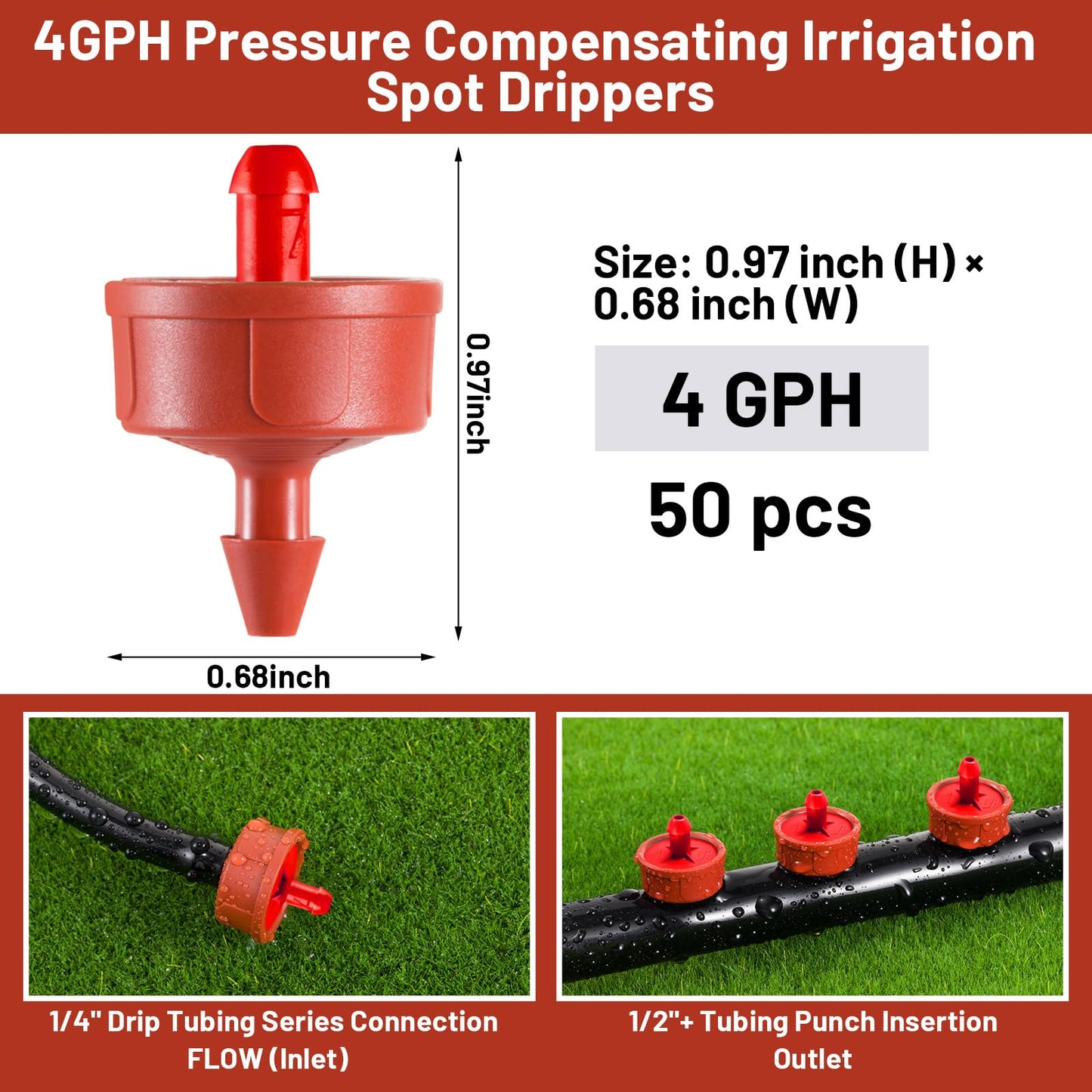 NRWRTY 50 PCS 4 GPH Pressure Compensating Drip Irrigation Spot Dripper, Max Flow Drip Irrigation Emitters Heads for Dry Soil Thirsty Plants, Irrigation Drippers Parts for Arid Area Outdoor Irrigation