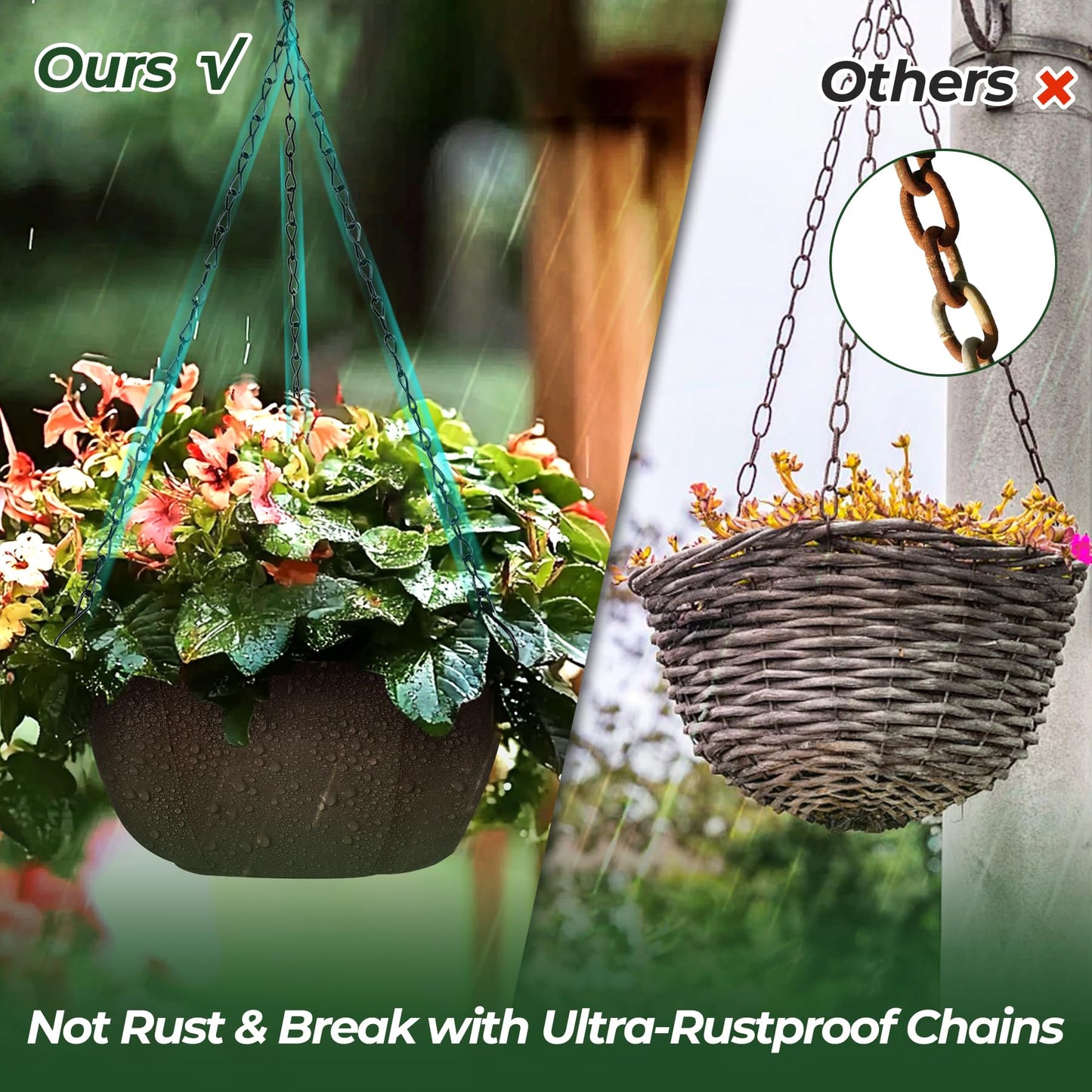 T4U Hanging Planters for Outdoor Plants, 3 Pack 12 Inch Hanging Baskets for Plants Outdoor with Rustproof Chain, Fabric Hanging Pots for Plants, Hanging Planter for Balcony Porch Deco