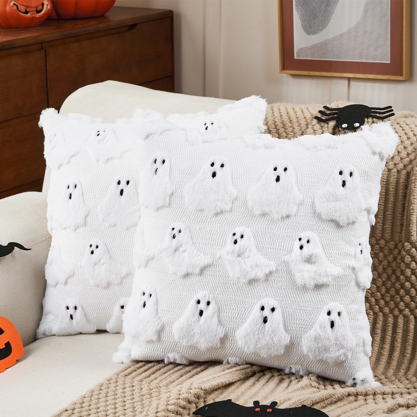 Emvency Halloween Throw Pillow Covers 18x18 Set of 2, Spooky Ghost White Decorations Pillow Cases Soft Plush Faux Fur Wool Couch Cushion Case for Couch Bed Sofa Living Room Home Decor