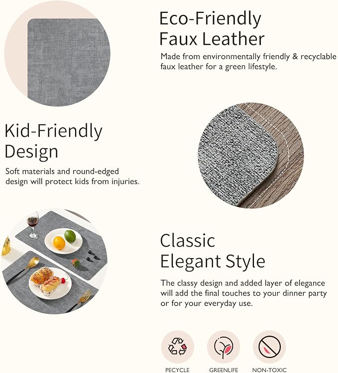 Maxpearl Faux Leather Placemats Set of 8 – Waterproof, Wipe Clean, Heat Resistant, Non-Slip Dining Table Mats for Indoor & Outdoor Use, 17”×12”, Grey