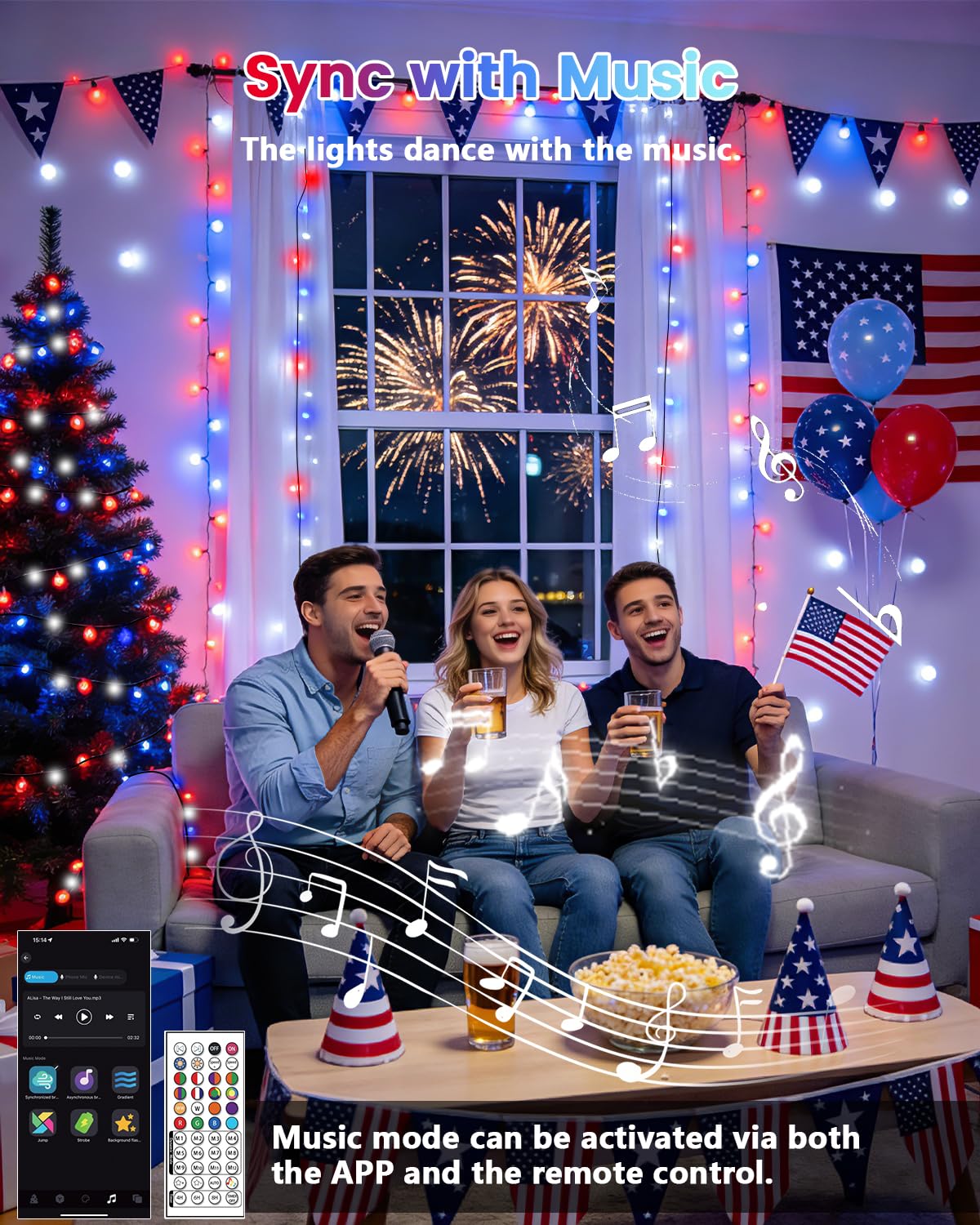 200LED Smart 4th of July String Lights | 82FT App Controlled Red White and Blue American Flag Lights, Waterproof Patriotic RGB Color Changing String Lights with Remote & Timer Outdoor for Memory Day