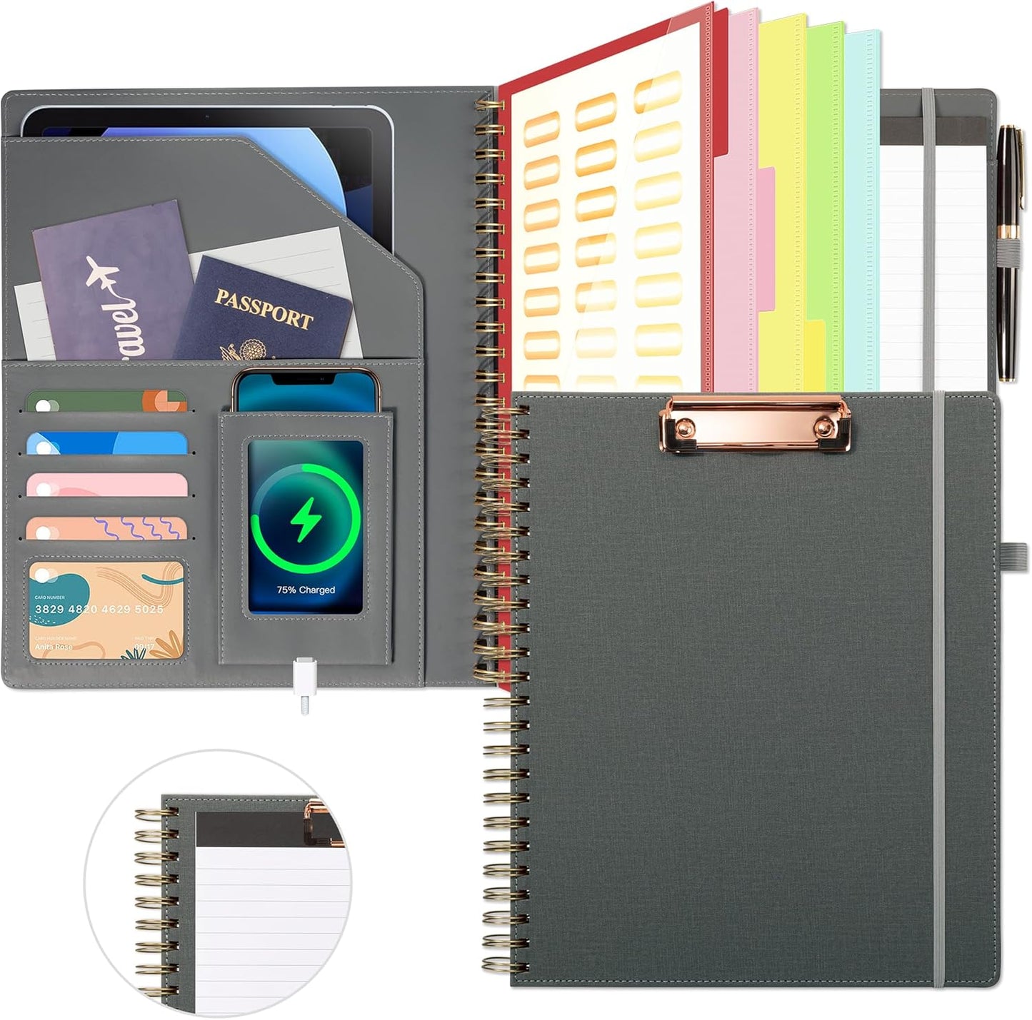 Clipboard with Storage for Men Women, Leather Padfolio Portfolio Organizer 5 Folders with 10 Pockets, Spiral Clipboard Folio with Notepad for Letter Size, Elastic Closure and Pen Loop Grey