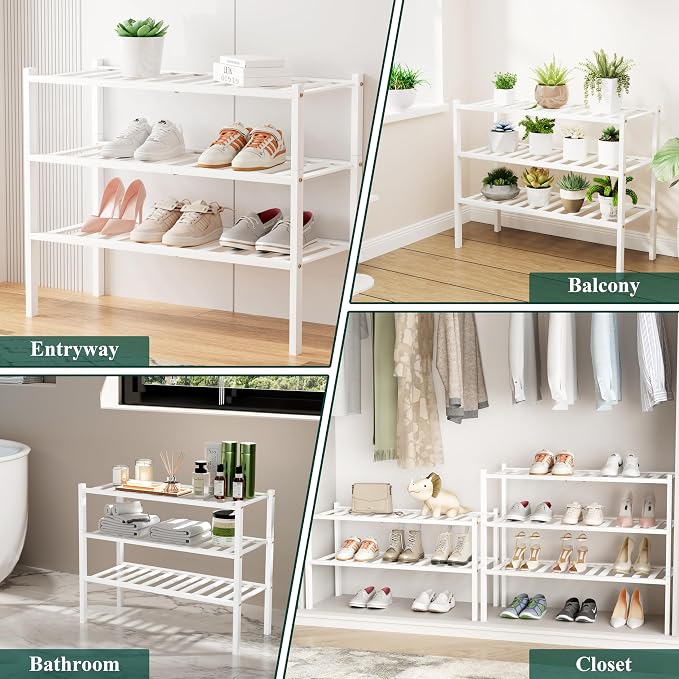 Smiry Bamboo Shoe Rack, 6 Tier Free Standing Wooden Shoe Organizer, Stackable Wood Shoe Storage Shelf for Closet, Entryway, 12 Vertical Slats, 2+2+2 Stack Standard Legs, 26.8"x11"x39", White