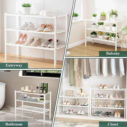 Smiry Small Bamboo Shoe Rack, 5 Tier Free Standing Wooden Shoe Organizer, Stackable Wood Shoe Storage Shelf for Closet, Entryway, 12 Vertical Slats, 2+2+1 Stack Standard Legs, 17.3"x11"x32.5", White