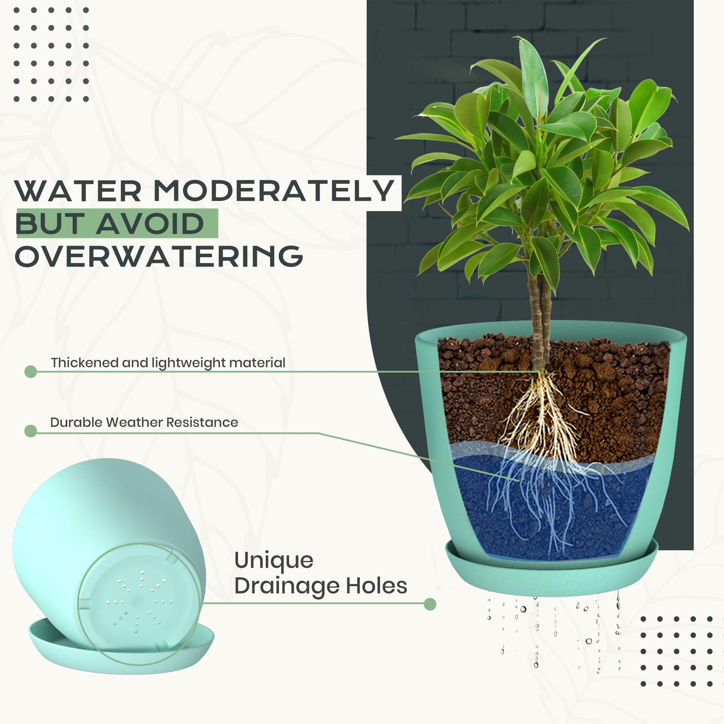 Utopia Home - Plant Pots Indoor with Drainage - 7/6.6/6/5.3/4.8 Inches Home Decor Flower Pots - Plastic Planters for Indoor Plants, Cactus, Succulents Pot (Aqua, Pack of 10)