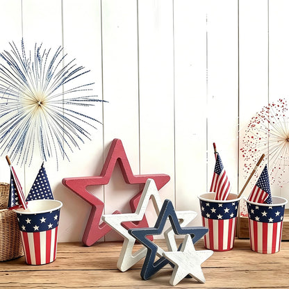 AOCEAN 4th of July Decorations Wooden Stars Set of 4, Red White Blue Stars Decorations, Retro Patriotic Memorial Independence Day Star Decor for Home Office Table Centerpieces Shelf