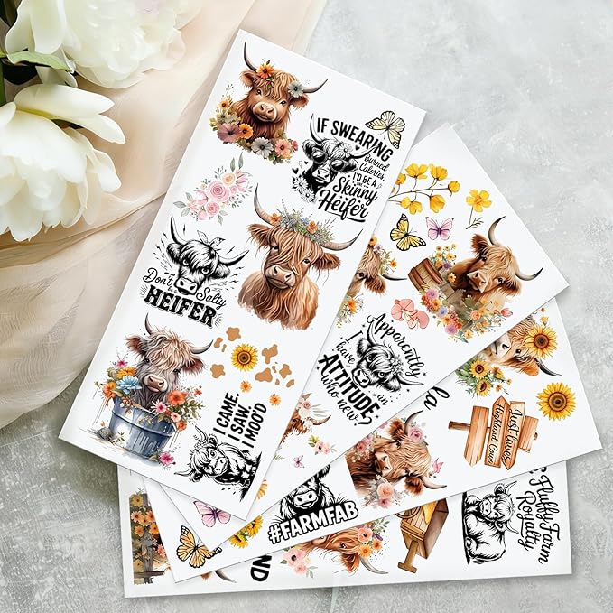 4 Sheets Rub on Transfers for Crafts, Highland Cattle Furniture Transfers for