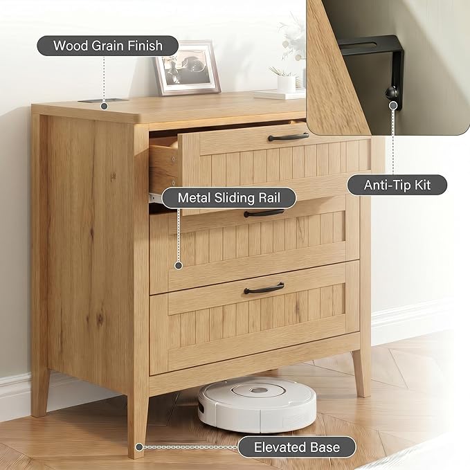 GarveeLife 3 Dresser Drawer for Bedroom, 27.6" Wide Wood Bedside Table for