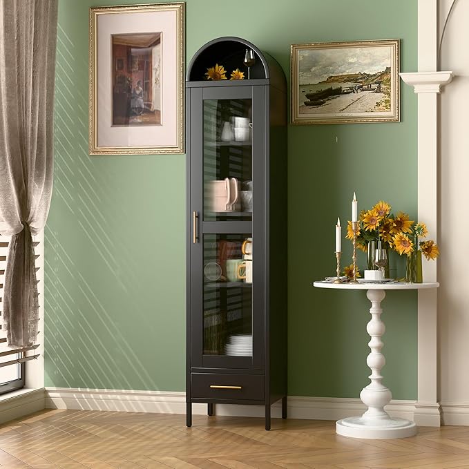 METAN Metal Arched Storage Display Cabinet, 1 Glass Door and Bottom 1 Drawer