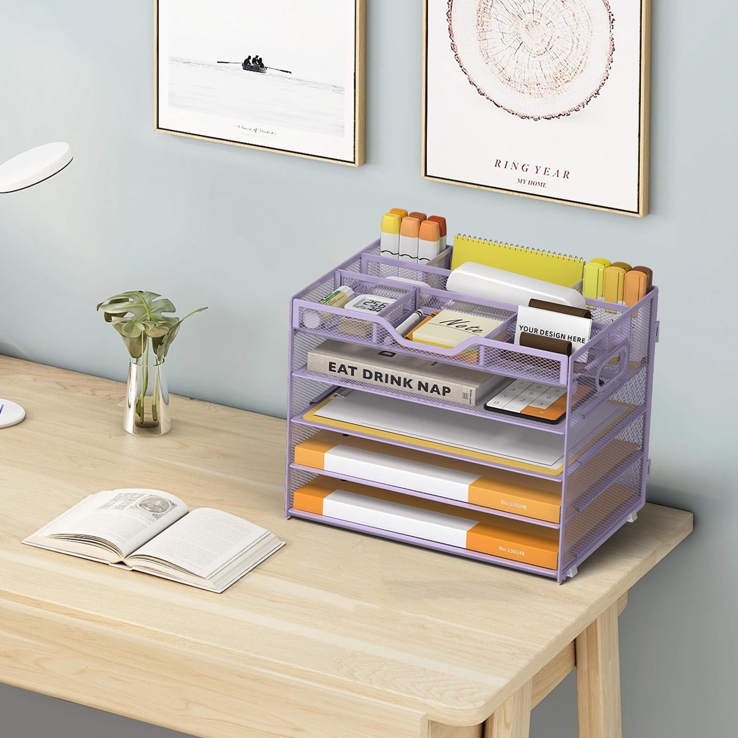 OrgMate 5 Tier Paper Letter Tray with 3 Drop-in Pen Holders, Mesh Desk File Organizer with Handle, Desk Organizers and Accessories for School,Home, Office Supplies Storage-Purple