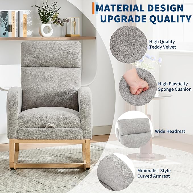 Modern Nursery Rocking Chair, Teddy Upholstered Rocking Chair