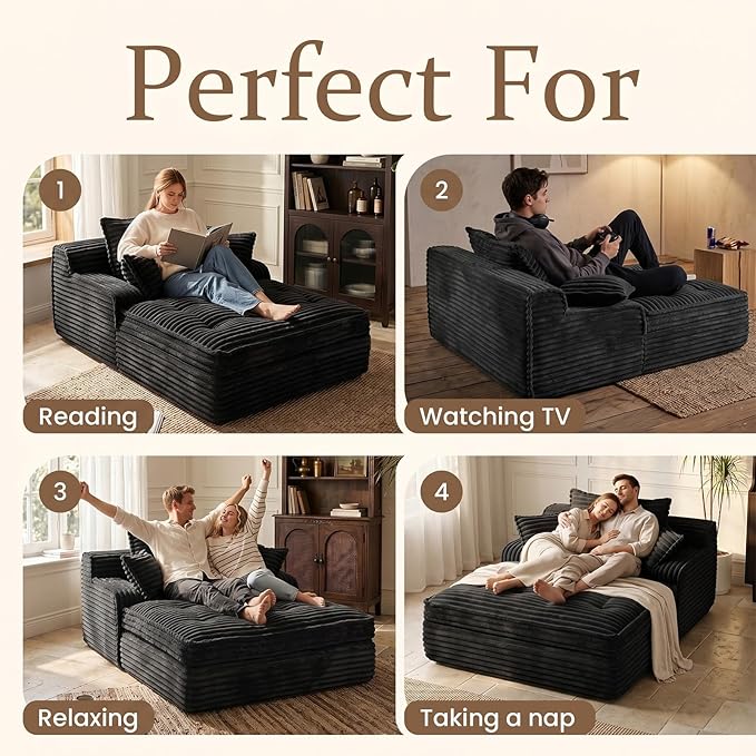 Boneless Chaise Lounge Couch Indoor, Oversized Corduroy Upholstered Sofa Bed