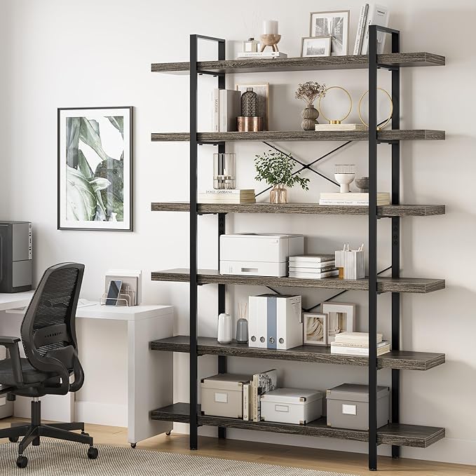 Heavy Duty 6-Tier Industrial Bookcase, 120lbs Shelf Capacity, Rustic Open