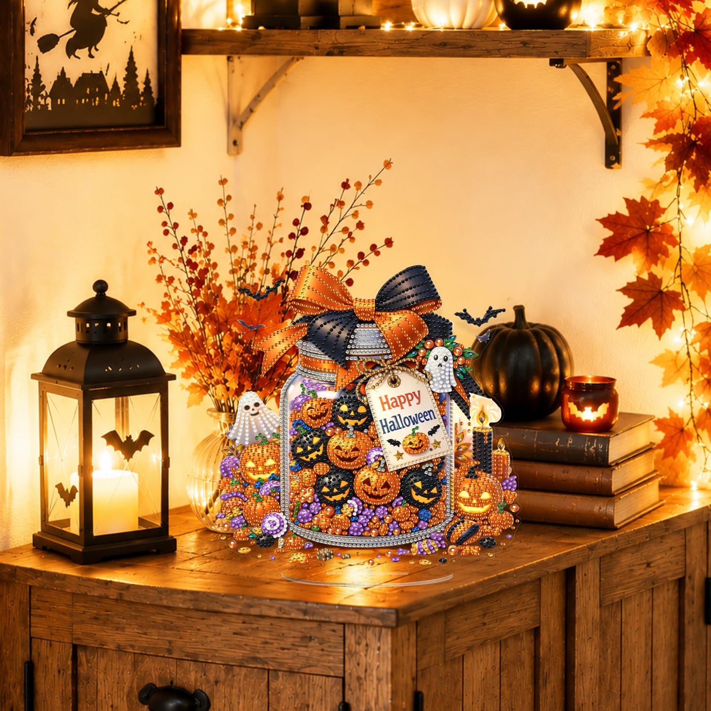 Eiflow Tabletop Diamond Art Kit for Adults Halloween Pumpkins, DIY Desktop Diamond Art Painting with Stand, Acrylic Stand Up Gem Painting Board Kit (Happy Halloween)