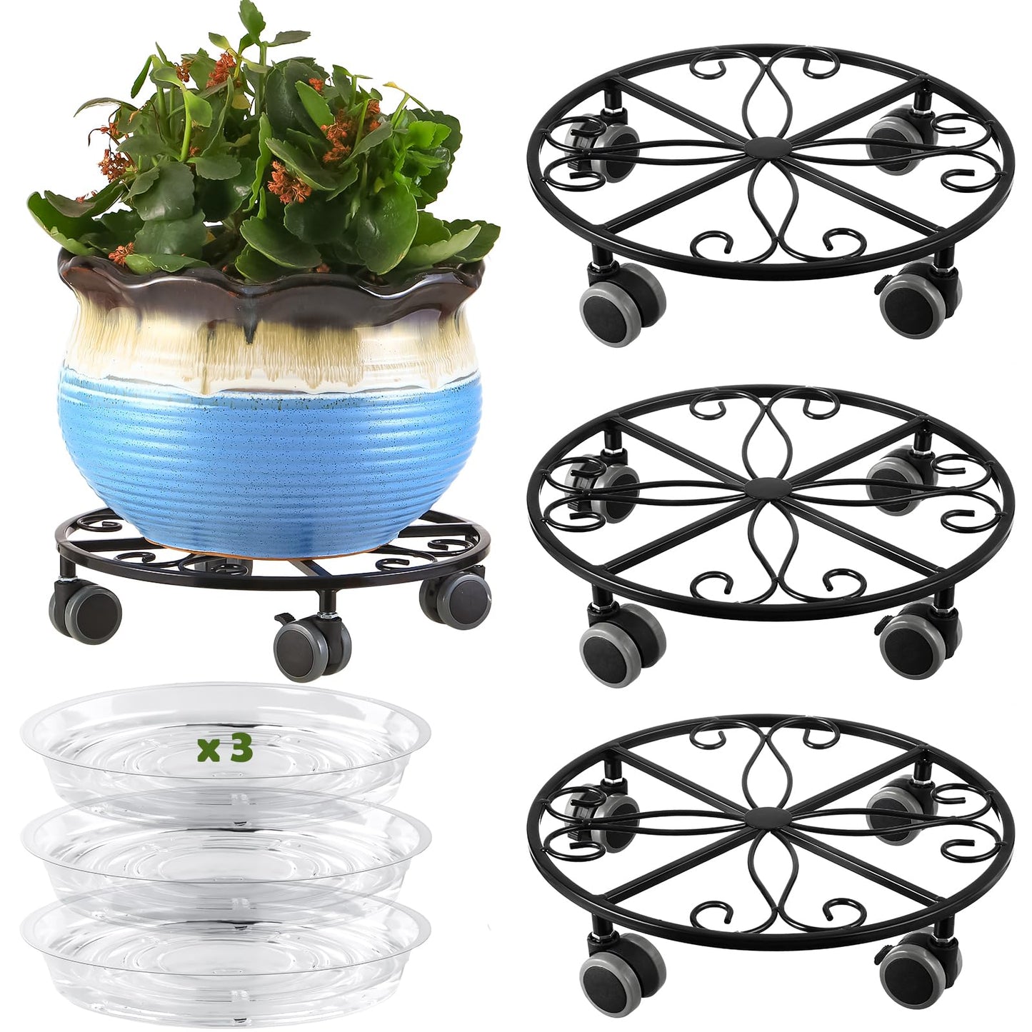 3 Pack Plant Caddy with Wheels Heavy Duty 13.5 Inches Metal Plant Stand with Wheels Plant Dolly Rolling Plant Stand Plant Roller with Casters for Indoor and Outdoor, Black