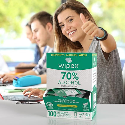 Wipex 70% Isopropyl Alcohol Wipes Individually Wrapped Sachets, Large Electronic wipes in Dispensing Box, Alcohol Prep Wipes, Screen Wipes & Tech Wipes for Sanitizing 100 Count (Pack of 12)