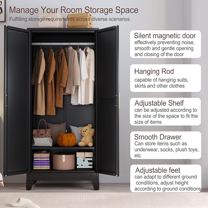 71" Metal Armoire Wardrobe Closet, Steel Clothing Storage Cabinet
