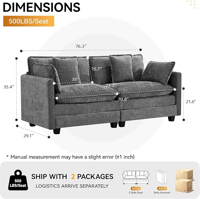 76'' Cloud Deep Seat Loveseat, Upholstered Chenille Modular 2-Seats Sectional