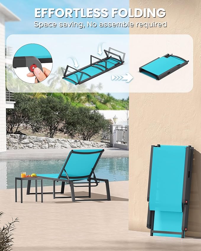 Aluminum Chaise Lounge Chair Outdoor, Foldable& No Assembly Patio Pool Lounge
