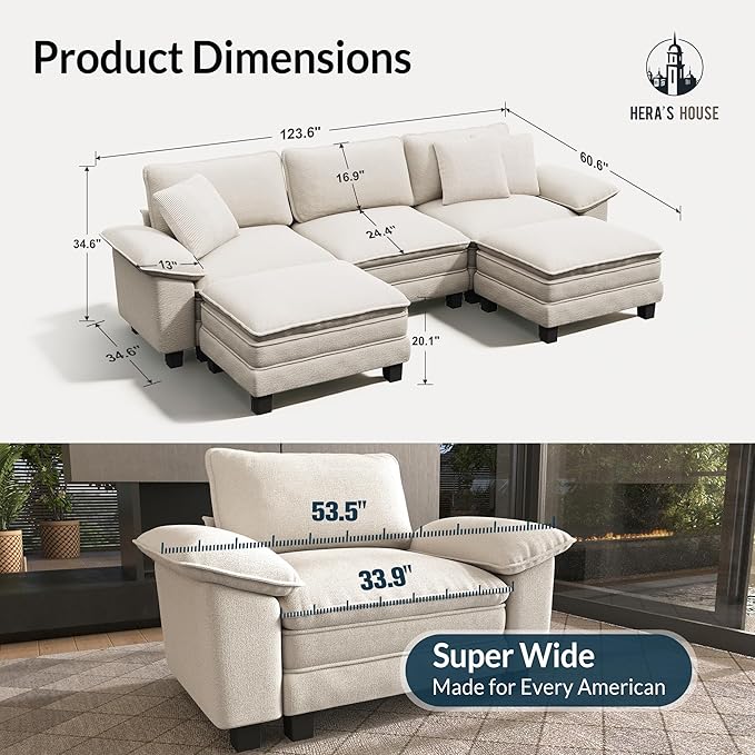 HERA'S HOUSE 124" Modular Sectional Sofa, Oversized U Shaped Couches