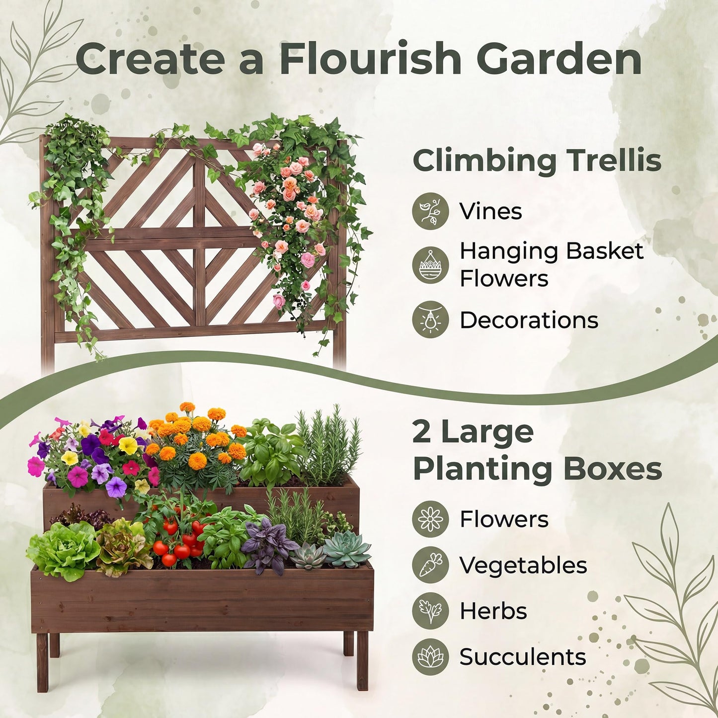 Giantex Raised Garden Bed with Trellis, 2-Tier Standing Planter Box with Legs and Drain Holes, Outdoor Elevated Garden Trellis for Vine Climbing, Flower Vegetable Fruit Herb Growing, Coffee Brown