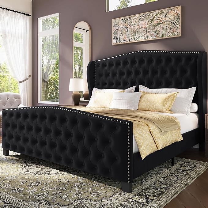 BRELTAM Upholstered King Size Bed Frame Velvet Black Tufted Platform Bed Frame