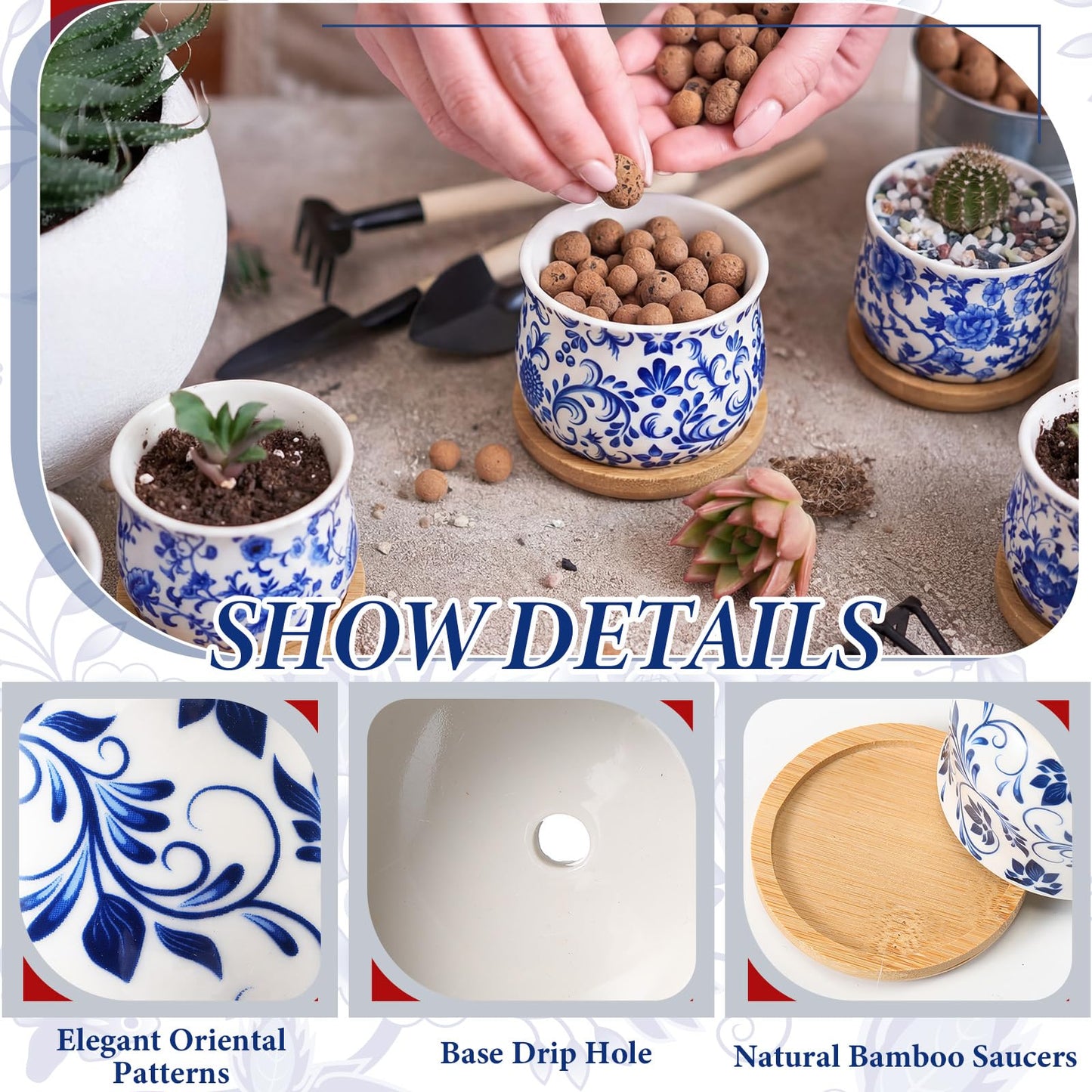 Ferrochef 12 Pcs 3" Ceramic Chinoiserie Succulent Plant Pot Blue and White Porcelain Planter with Bamboo Tray Drainage Hole Mini Chinese Flower Jardiniere for Cactus Herbs Home Office Indoor Decor