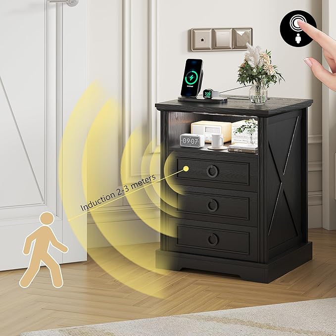 Nightstand with Charging Station, Farmhouse End Side Table with 3 Drawers and