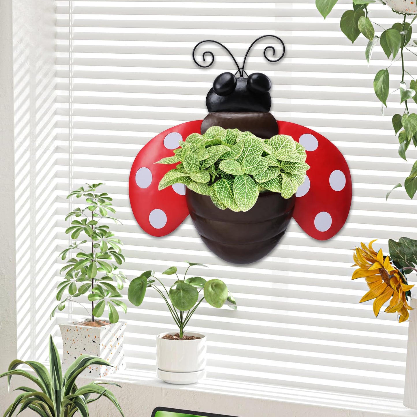 Chonsun Metal Wall Planter Ladybug Wall Mounted Planters Small Flower Pot with Drainage for Indoor Outdoor Farmhouse Hanging Planter Succulent Plant Container Vertical Garden Yard Decor