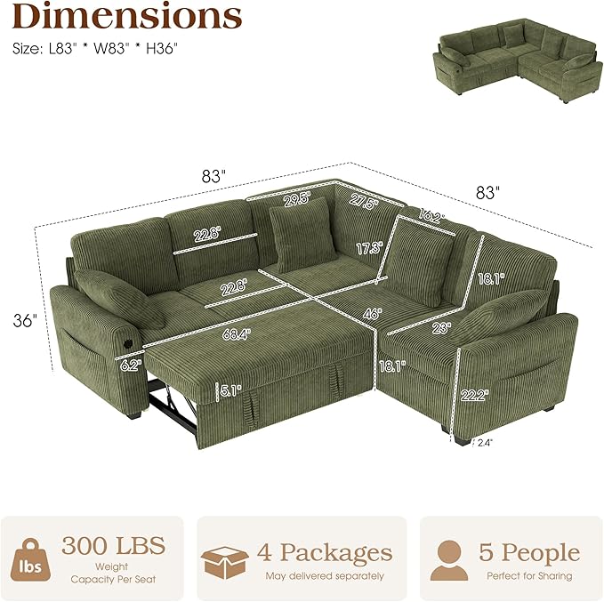 Ihanherry 83-inch 5-Seater Large Sectional Sofa Bed