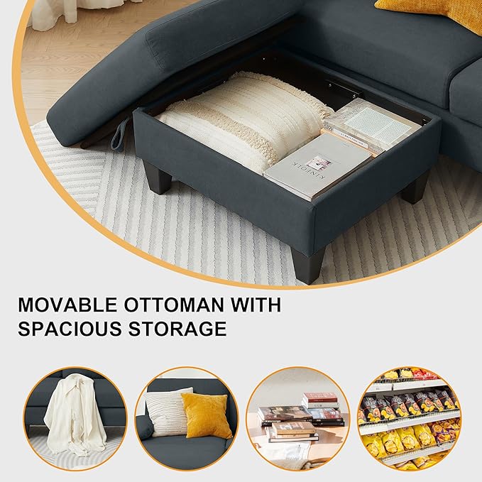 84" Convertible Sectional Sofa Set, 3 Seat L Shaped Couch