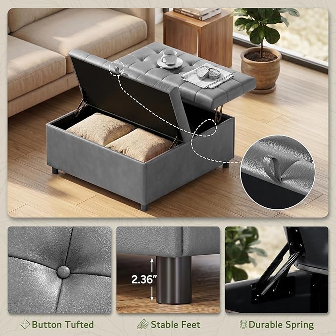 LINLUX Extra Large Leather Storage Ottoman, 35.5 Inch Large Square Lift Top