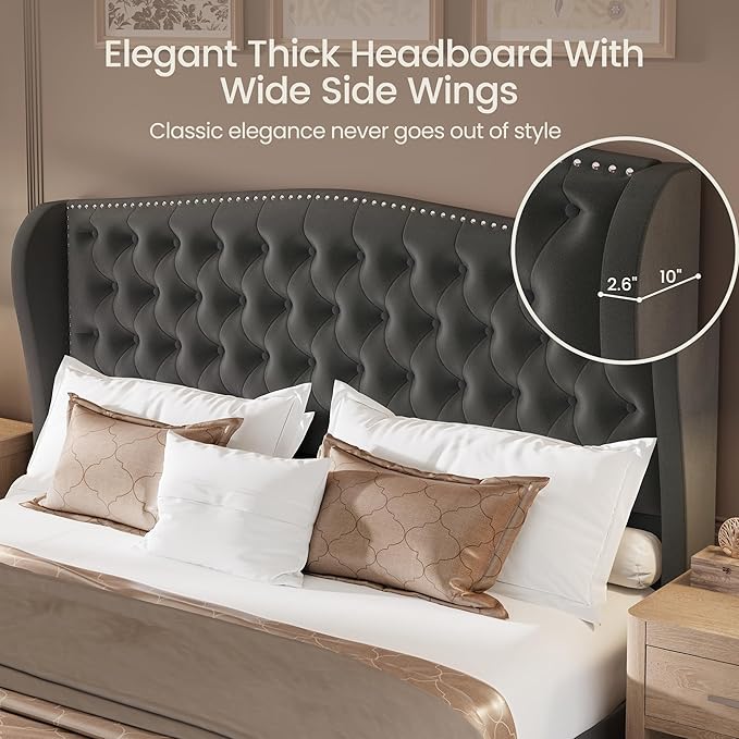 LARMACE King Size Bed Frame Velvet Upholstered Platform Bed