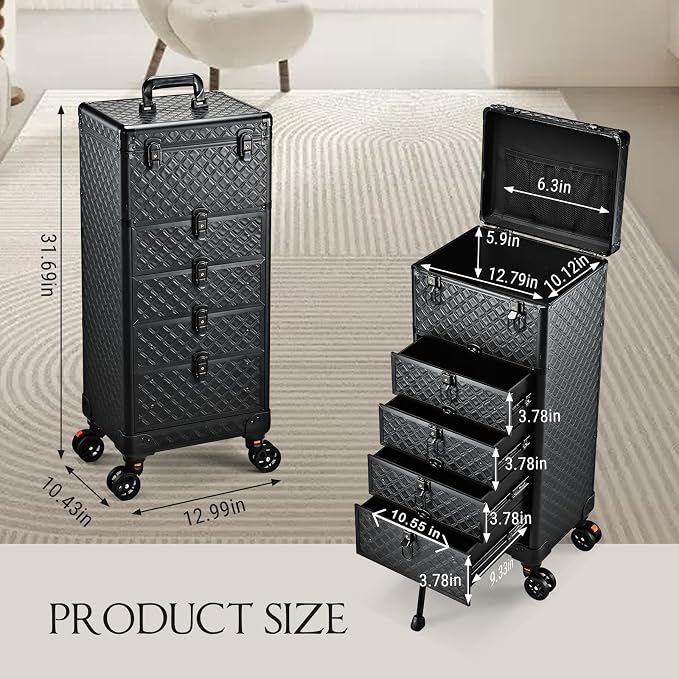 Yueieoun Nail Salon Cart with 4 Drawers,Rolling Makeup Train Case for Beauty,Cosmetology Case on Wheels,Trolley Cart,Lockable Organizer Travel Case for Manicure/Face Painting/Hairstylist/Tattoo Artist