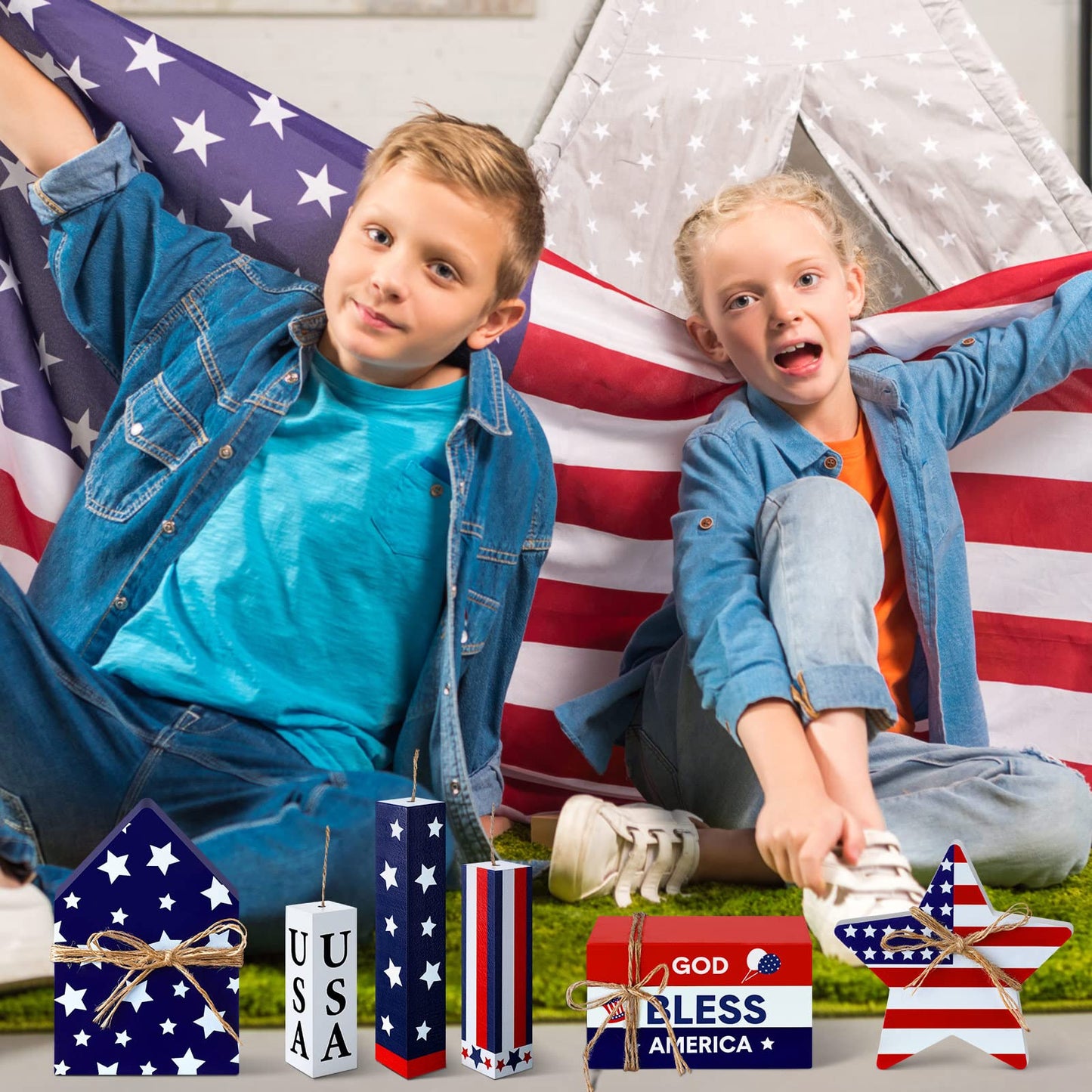 Kigley 8 Pcs 4th of July Table Decorations Wooden Patriotic Decorations 4th of July Tiered Tray Decor Set Faux Book Stack Firework Centerpieces Independence Day Tabletop for 250th Anniversary Home