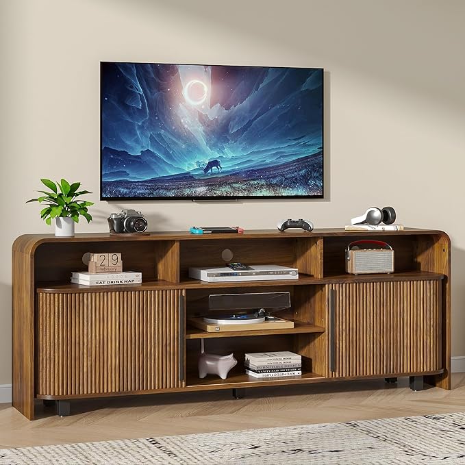 Fluted TV Stand for 75 65 80 Inch TV, 70 Inch Long Walnut Entertainment Center