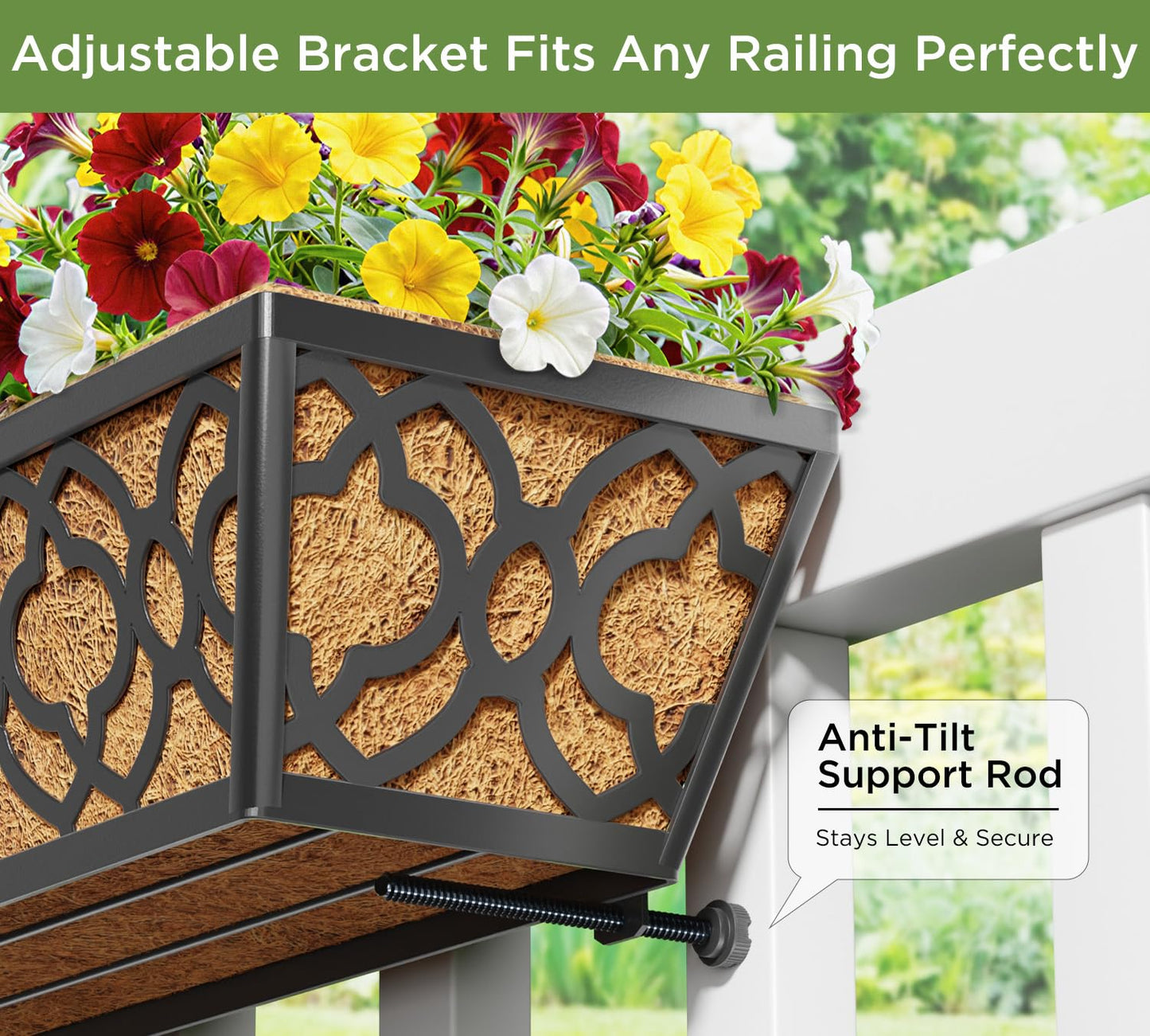 Y&M 36 Inch Window Deck Planter with Coco Liner, Metal Hanging Flower Boxes for Fence, Railing, Balcony, and Outdoor Garden Lawn – 4pcs